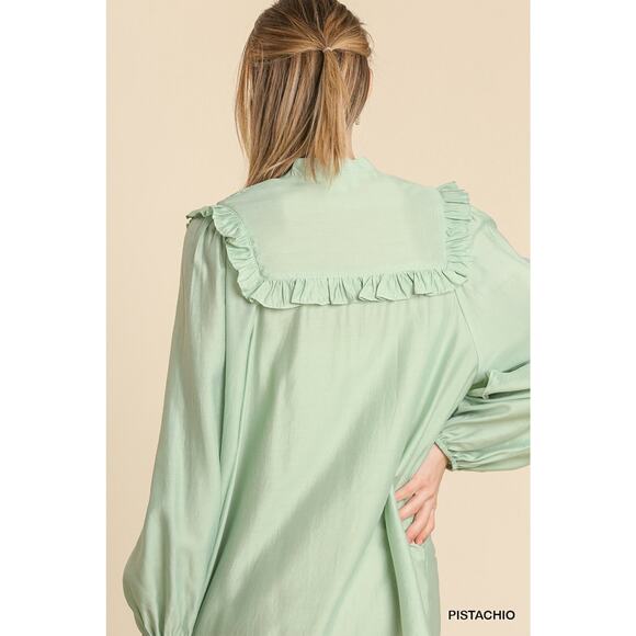 Umgee Long Sleeve Smocked Ruffle Yoke Tie Front Peephole Mini Dress Size M - Picture 3 of 6